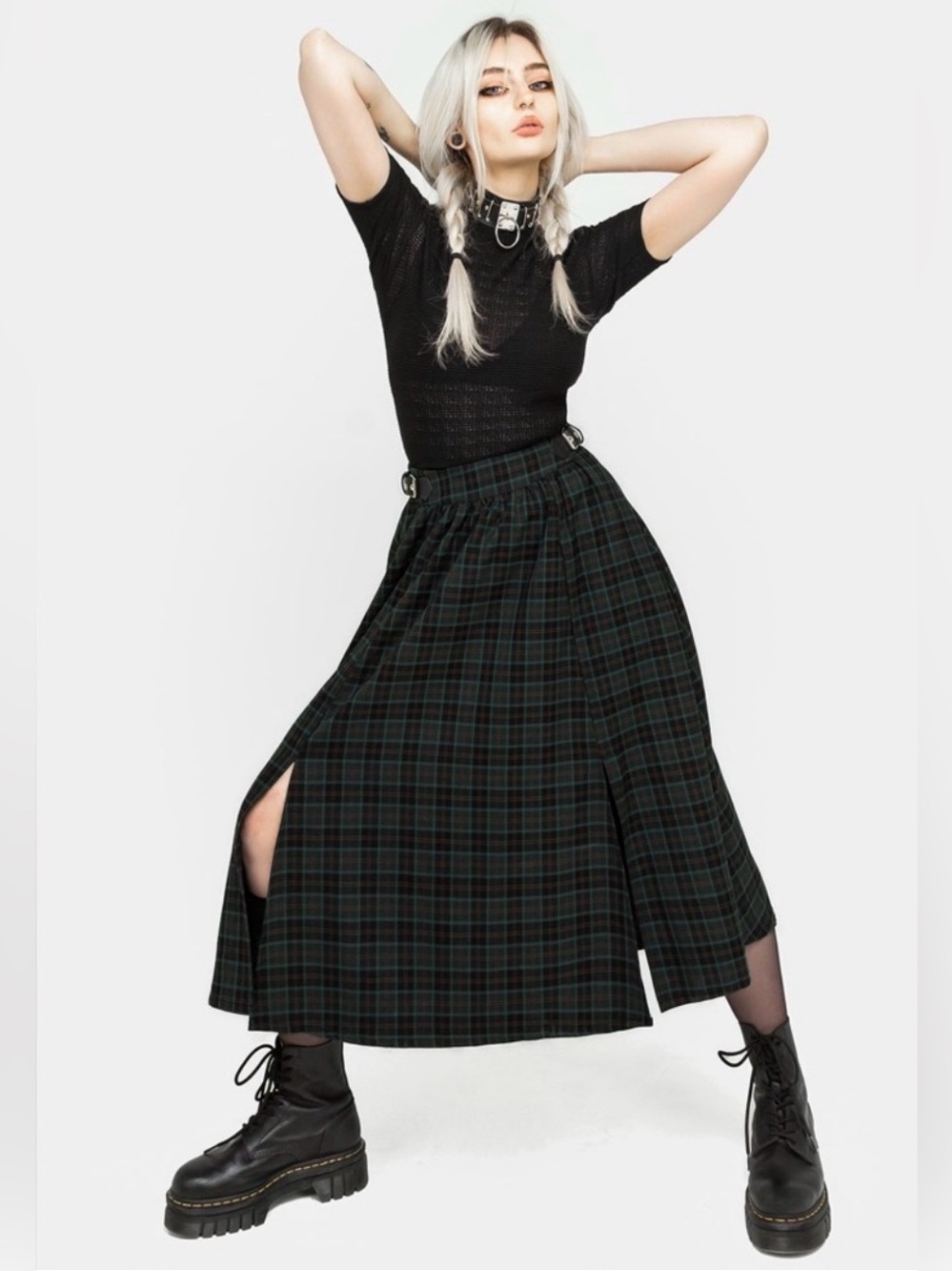NWT Nightingale Buckled Check Midi Skirt green black size US 10 - Picture 5 of 8